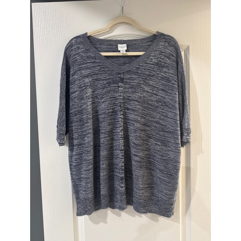 Weekends by Chicos Blue Space Dye V-Neck Knit Top Ramie Rayon Size 3